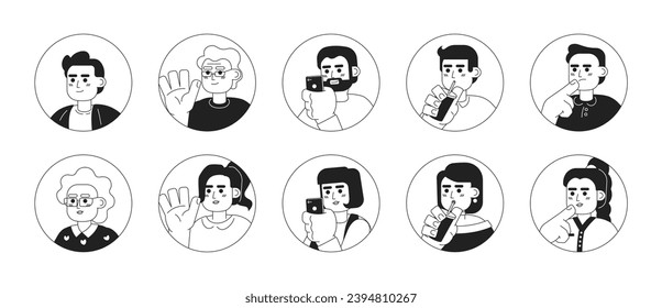 Caucasian different aged black and white 2D vector avatars illustration bundle. Europeans women, men outline cartoon character faces isolated. Young adult mature people flat user profiles image set