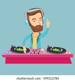 Caucasian DJ in headphones at the party in night club. Young hipster DJ with beard mixing music on turntables. DJ playing and mixing music on deck. Vector flat design illustration. Square layout.