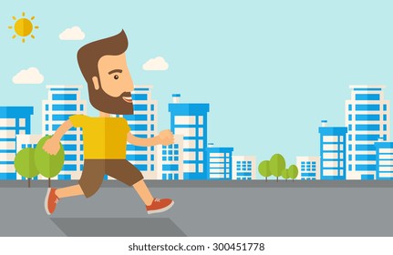 A caucasian do a jogging exercise under the heat of the sun. Healthy concept. Contemporary style with pastel palette, soft blue tinted background with desaturated cloud. Vector flat design