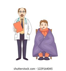 Caucasian doctor boy in blanket with temperature
