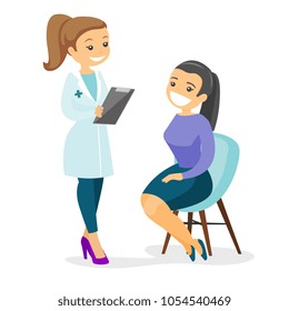 Caucasian doctor consulting female patient in office. Doctor talking to smiling patient. Doctor communicating with patient about her state of health. Vector cartoon illustration. Square layout.