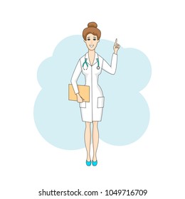 Caucasian doctor female talking, in white coat