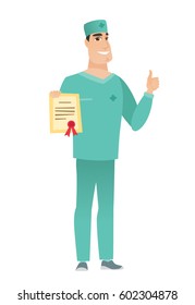 Caucasian doctor holding a certificate. Full length of doctor with certificate. Doctor in uniform showing certificate and thumbs up. Vector flat design illustration isolated on white background.
