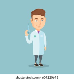 Caucasian doctor holding medical injection syringe. Young doctor standing with syringe. Doctor holding a syringe ready for injection. Vector flat design illustration. Square layout.