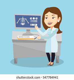 Caucasian doctor in medical gown examining a radiograph. Doctor looking at a chest radiograph on computer screen. Doctor observing a skeleton radiograph. Vector flat design illustration. Square layout