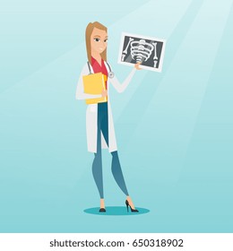 Caucasian doctor in a medical gown examining a radiograph. Young smiling doctor looking at a chest radiograph. Doctor observing a skeleton radiograph. Vector flat design illustration. Square layout.