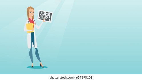 Caucasian doctor in a medical gown examining a radiograph. Young doctor looking at a chest radiograph. Doctor observing a skeleton radiograph. Vector flat design illustration. Horizontal layout.