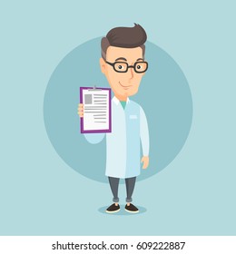 Caucasian doctor with patient records. An adult doctor showing clipboard with prescription. Smiling doctor in medical gown holding clipboard. Vector flat design illustration. Square layout.
