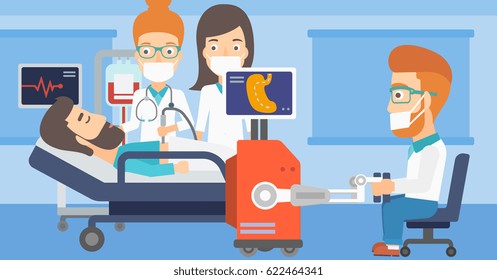 Caucasian doctor performing surgery operation with a robot. Doctor doing operation involving robot. The use of robotic technologies in medicine. Vector flat design illustration. Horizontal layout.