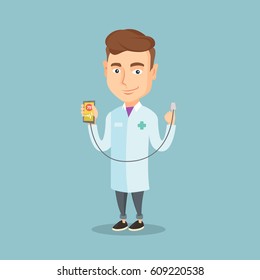 Caucasian doctor showing application for checking heart rate pulse. Young doctor holding smartphone with application for measuring heart rate pulse. Vector flat design illustration. Square layout.