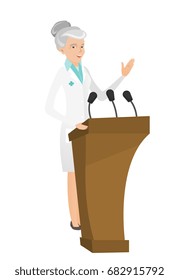 Caucasian doctor speaking to audience from tribune. Doctor giving speech from tribune. Doctor standing behind the tribune with microphones. Vector flat design illustration isolated on white background