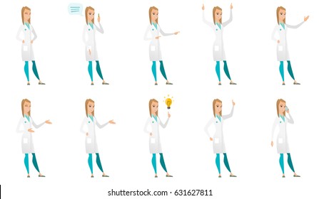 Caucasian doctor with speech bubble. Doctor in medical gown giving a speech. Doctor with speech bubble coming out of her head. Set of vector flat design illustrations isolated on white background.
