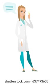 Caucasian doctor with speech bubble. Doctor in uniform giving speech on conference. Doctor with speech bubble coming out of her head. Vector flat design illustration isolated on white background.