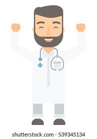 Caucasian doctor standing with raised arms up and eyses closed. Doctor celebrating success with arms up. Excited doctor holding arms up. Vector flat design illustration isolated on white background.