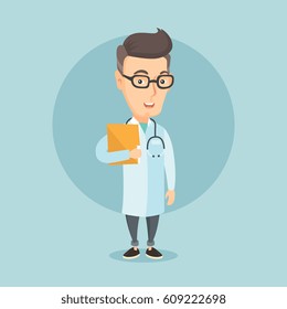 Caucasian doctor with stethoscope and folder. Adult doctor in medical gown carrying folder of patient. Doctor holding folder with medical information. Vector flat design illustration. Square layout.