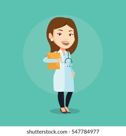 Caucasian doctor with stethoscope and folder. Young doctor in medical gown carrying folder of patient. Doctor holding folder with medical information. Vector flat design illustration. Square layout.