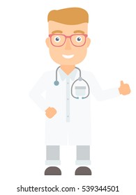 Caucasian doctor with stethoscope giving thumbs up. Doctor in medical gown showing thumbs up gesture. Young doctor with gesture thumb up. Vector flat design illustration isolated on white background.