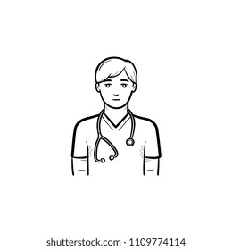 Caucasian doctor with stethoscope hand drawn outline doodle icon. Medical staff working in medicine system and health care. Vector sketch illustration for print, web and mobile on white background.