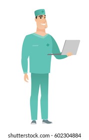 Caucasian doctor in uniform using a laptop. Full length of young smiling doctor working on a laptop. Cheerful doctor holding a laptop. Vector flat design illustration isolated on white background.