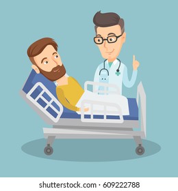 Caucasian doctor visiting hipster patient. Doctor pointing finger up during visiting of patient. Man lying in hospital bed while doctor visits him. Vector flat design illustration. Square layout.