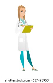 Caucasian doctor writing notes in a notepad. Young doctor writing results of medical examination. Doctor writing medical prescription. Vector flat design illustration isolated on white background.