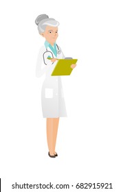 Caucasian doctor writing notes in a notepad. Senior doctor writing results of medical examination. Doctor writing medical prescription. Vector flat design illustration isolated on white background.