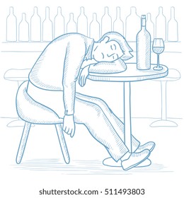 Caucasian drunk man deeply sleeping near the bottle of wine and glass on table in bar. Drunk man sleeping in bar. Alcohol addiction concept. Hand drawn vector sketch illustration on white background.