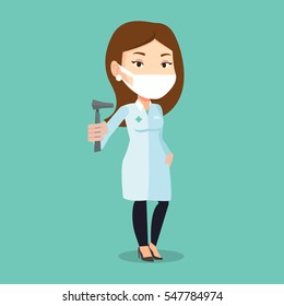 Caucasian ear nose throat doctor holding medical tool. Young doctor in medical gown and mask with tools used for examination of ear, nose, throat. Vector flat design illustration. Square layout.