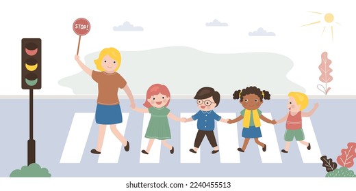 Caucasian educator or teacher with group of children cross road at crosswalk. Pedestrian safety, people follow rules of road. City view, urban road, traffic light. Multiethnic kids at street. vector.