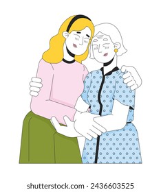 Madre e hija anciana caucásica abrazando personajes de dibujos animados lineales en 2D. Abuela nieta aislada línea vector personas fondo blanco. Ilustración de punto plano de color de soporte reconfortante