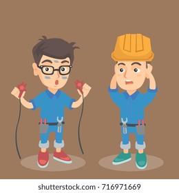Caucasian Electrician Boy With Dirty Face Holding Electrical Equipment While His Friend In Desperate Looking At Him. Little Boy Got An Electric Shock. Vector Sketch Cartoon Illustration. Square Layout