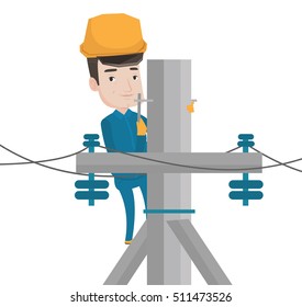 Caucasian electrician working on electric power pole. Electrician at work on electric power pole. Electrician repairing electric power pole.Vector flat design illustration isolated on white background