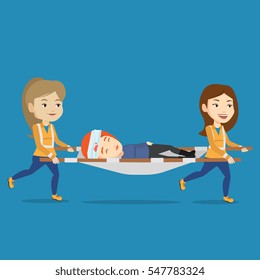 Caucasian emergency doctors transporting victim after accident on the stretcher. Team of emergency doctors carrying injured woman on medical stretcher. Vector flat design illustration. Square layout.