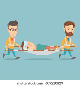 Caucasian emergency doctors transporting victim after accident on the stretcher. Team of emergency doctors carrying injured man on medical stretcher. Vector flat design illustration. Square layout.