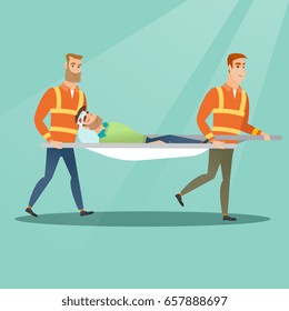 Caucasian emergency doctors transporting victim after accident on the stretcher. Team of emergency doctors carrying an injured man on medical stretcher. Vector flat design illustration. Square layout.