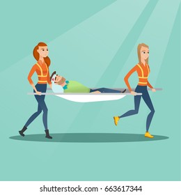 Caucasian emergency doctors transporting victim after accident on the stretcher. Team of emergency doctors carrying an injured man on medical stretcher. Vector flat design illustration. Square layout.