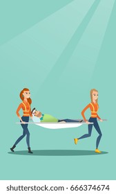 Caucasian emergency doctors transporting victim after accident on the stretcher. Team of emergency doctors carrying injured man on medical stretcher. Vector flat design illustration. Vertical layout.