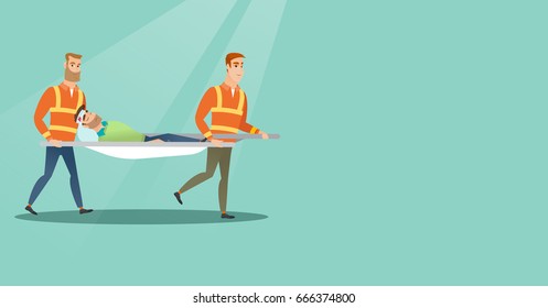 Caucasian emergency doctors transporting victim after accident on the stretcher. Team of emergency doctors carrying injured man on medical stretcher. Vector flat design illustration. Horizontal layout