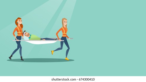 Caucasian emergency doctors transporting victim after accident on the stretcher. Team of emergency doctors carrying injured man on medical stretcher. Vector flat design illustration. Horizontal layout