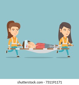 Caucasian emergency doctors transporting victim after accident on the stretcher. Team of emergency doctors carrying an injured woman on medical stretcher. Vector cartoon illustration. Square layout.