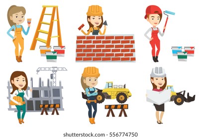 Caucasian engineer with a blueprint at construction site. Engineer holding twisted blueprint. Engineer checking construction works. Set of vector flat design illustrations isolated on white background