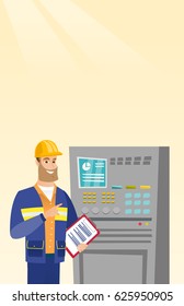 Caucasian engineer with clipboard standing in front of the control panel. Man working on control panel. Young worker pressing button at control panel. Vector flat design illustration. Vertical layout.