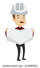 Caucasian engineer in helmet watching a blueprint. An adult engineer with engineer blueprint. An engineer in hard hat holding a blueprint. Vector flat design illustration isolated on white background.