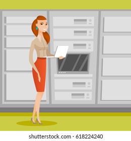 Caucasian engineer with laptop working in network server room. Engineer standing in network server room. Network engineer using laptop in server room. Vector flat design illustration. Square layout.