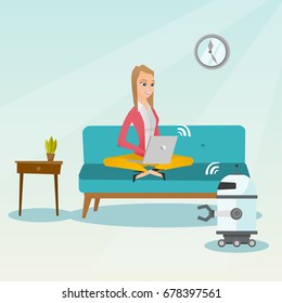 Caucasian engineer programming a domestic personal robot on her laptop computer. Engineer working on project of robot. Engineer examining newly built robot. Vector cartoon illustration. Square layout.