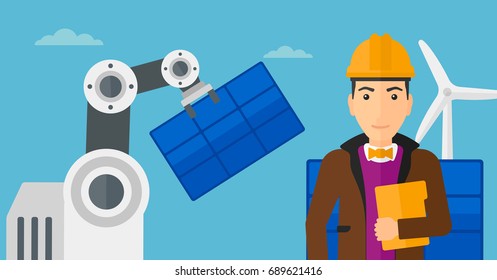 Caucasian Engineer Standing On The Background Of Robotic Arm And Solar Power Pannels. Robotic Arm Installing Solar Power Pannel At Solar Power Plant. Vector Flat Design Illustration. Horizontal Layout