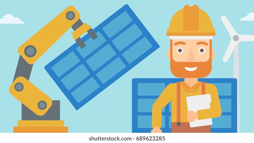 Caucasian Engineer Standing On The Background Of Robotic Arm And Solar Power Pannels. Robotic Arm Installing Solar Power Pannel At Solar Power Plant. Vector Flat Design Illustration. Horizontal Layout