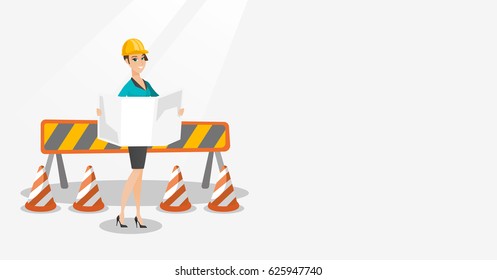 Kaukasischer Ingenieur beobachtet einen Plan auf Baustelle. Ingenieur mit Ingenieur-Plan auf dem Hintergrund von Straßensperren. Vektorflache Design-Illustration. Horizontales Layout.