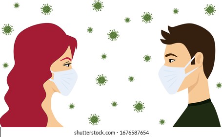 Caucasian european man and woman profile in masks to stop coronovirus. Man and woman wearing medical mask on face to prevent coronavirus. Concept of quarantine. Coronavirus microbe background. Coronav