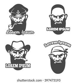 Caucasian face logo element. Pirate and gangster, captain and wild west cowboy portrait icons. Vector illustration